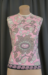 Vintage Pink Print Knit Shell Shirt, 1970s 34 bust, Sleeveless Shell, issues