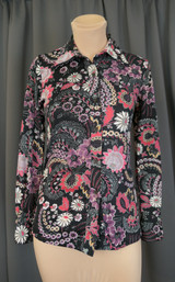 Vintage Black, Pink & Purple Floral 1970s Blouse, 32 bust, Brenda Lim, polyester