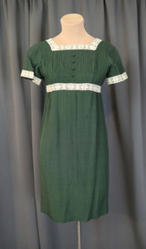Vintage Dark Green Empire Mini Dress, 1960s XS 30 bust, Ivory Lace Trim