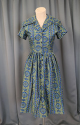 Vintage 1960s Shirtwaist Dress 1960s, Dark Blue and Green 34 bust, big collar, Fruit of the Loom fabric