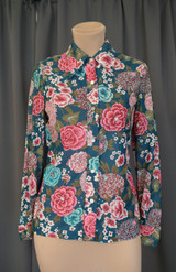 Vintage 1970s Teal & Pink Floral Blouse, 34 bust, pointed collar