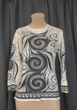 Vintage 1970s Print Jersey Shirt, with issues, 36 bust, Black on Ivory