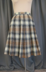 Vintage Brown Black and Grey Plaid Pleated Skirt, 1960s Wool, 26 waist
