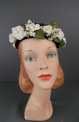 Vintage White Floral Hat Black Satin Topper, 1950s Brandt New York, 22 inch head