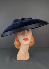 Vintage Midnight Blue Velvet Saucer Hat, 1950s Evening, 16 inches wide, fits any size