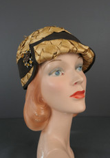 Cloche Style Vintage Hat 1960s Raffia with Ribbon and Brooch, 21 inch head