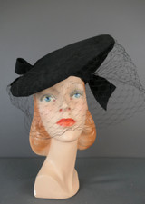 Dramatic Black Felt Vintage 1940s Topper Hat, 21 to 23 inch head