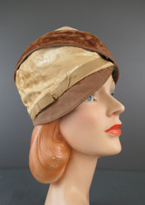 Vintage 1920s Velvet Cloche Hat Brown and Cream, Damaged