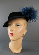 Vintage 1930s Black Plush Hat with Blue Feathers, soft brim, 21 inch head