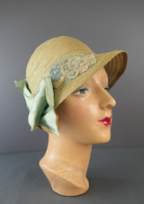 Vintage 1920s Straw Cloche Hat with Velvet Flowers and Sage Silk Bow