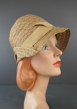 Vintage 1920s Straw Cloche Hat with Ribbon, Beige, Coral, Green, 21 inch head, some issues