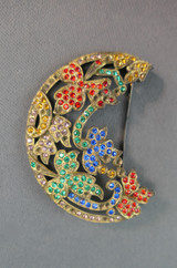 Vintage 1920s Floral Moon Brooch with Color Rhinestones,  2-1/2 inches long, missing stones