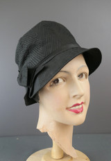 Vintage 1920s Black Cloche Hat Stitched Fabric, by Peerless, 22 inch head