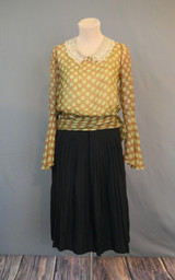 Vintage 1930s Dress Brown and Green Polka Dot Chiffon, 34 bust, Black Skirt, issues