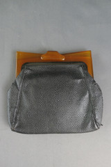 Vintage 1930s Art Deco Clutch Purse DAMAGED, Black Leather and Brown Bakelite