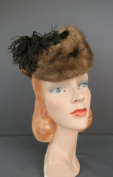 Vintage Mink Fur Tilt Topper Hat, 1940s Brown Felt with Feathers  too