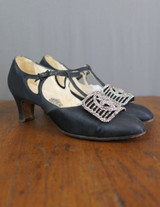 Vintage 1920s Black Silk Evening Shoes, T-Strap with Cut Steel Buckles, size 7N