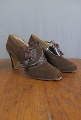 Vintage Art Deco Brown Suede Shoes 1930s Fabulousness, Contrast Trim, size 7-1/2