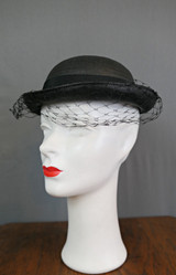 Vintage 1930s Black Straw Hat with Veil by Louise, 21 inch head