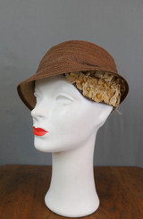 Vintage 1920s Brown Straw Hat Cloche with Flowers Under the Brim, Peerless, 21 inch head