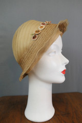 Vintage 1920s 1930s Sheer Mesh and Straw Hat Cloche with Flowers, 23 inch head