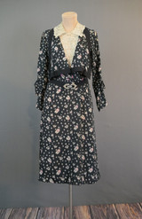 Vintage 1930s Chiffon Print Dress with Lace Collar, fits 36 bust, Black White & Pink Floral