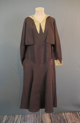 Vintage 1920s Brown Silk Dress with Lace Collar, fits 34 inch bust, issues