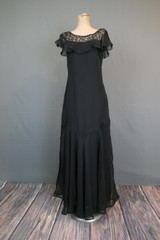 DAMAGED Vintage 1930s Black Silk Chiffon Gown, XS 30 inch bust