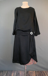 1920s Vintage Black Dress with Floral Print Insert, silk, fits 38 inch bust, some issues