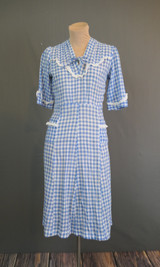 Vintage 1940s Day Dress, Blue Gingham Cotton, 34 bust, Eyelet Trim, some issues