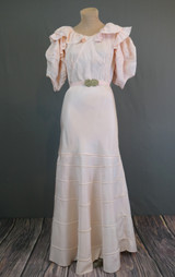 Vintage 1930s Pale Pink Gown with Puffed Sleeves, Rayon Taffeta, 36 bust, some issues