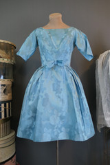Vintage Blue Floral Brocade Party Dress, 1960s, fits 34 bust, full skirt