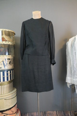 Vintage 1960s Black 2 Piece Set, Evening Cocktails, Blouse & Skirt, sheer sleeves, 33 bust, 23 inch waist