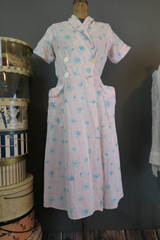 Vintage 1950s Pink Floral Wrap House Coat Dress, Cotton Summer Robe, damaged