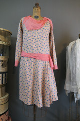 Vintage Floral Cotton Dress with Silk Trim, fits 38 inch bust, 1920s style made with vintage pattern and fabric
