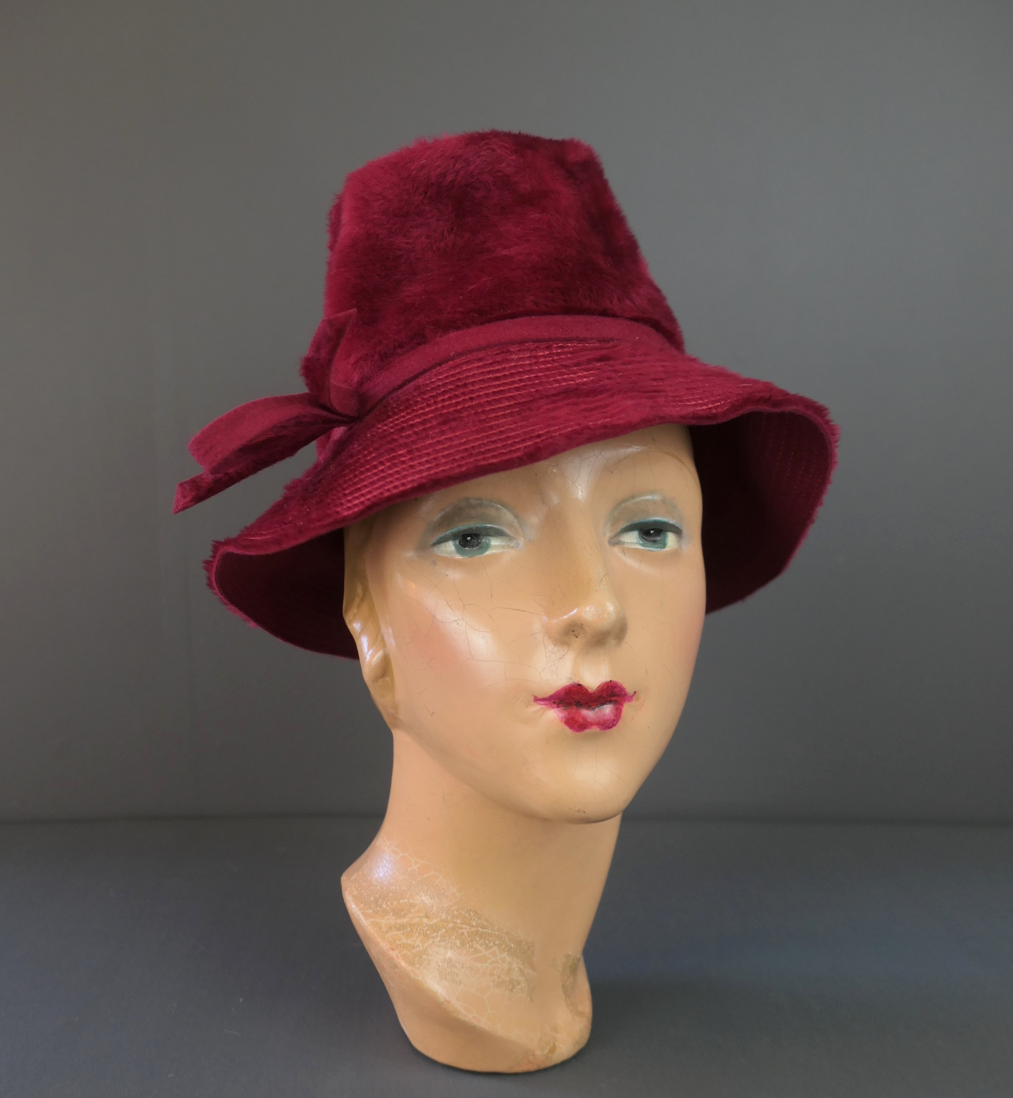 Vintage Dark Red Plush Hat 1960s fits 21 inch head, floppy brim