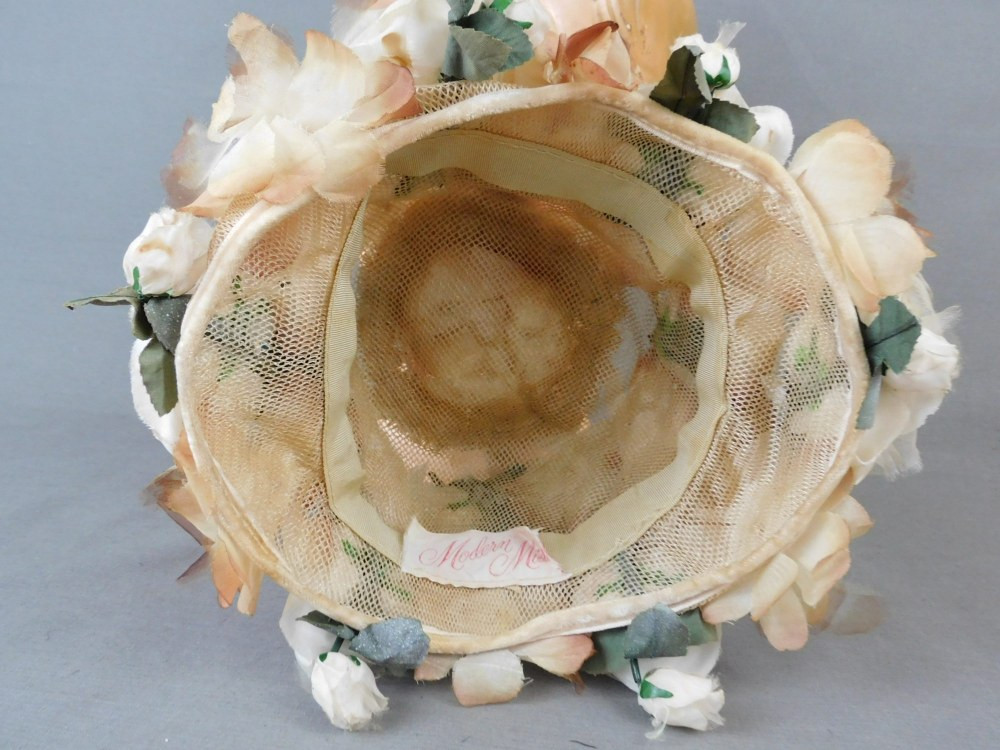 Vintage Floral Cluster Hat in Beige & Tan Summer Cloche Hat in Beige Cotton with Large Peony Flower  main image 4