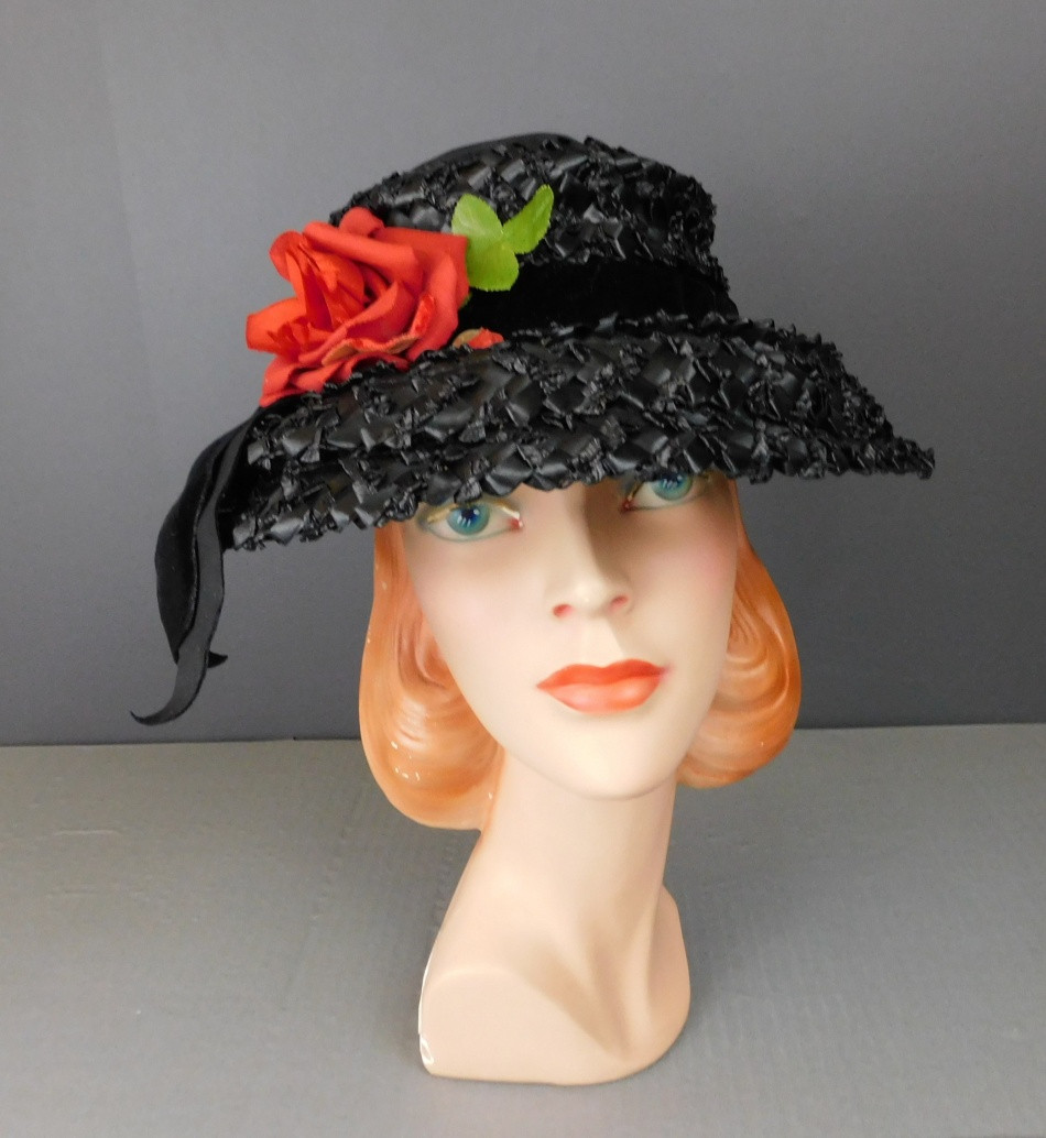 Vintage Black Straw Wide Brim Hat with Large Red Rose and  display picture 3
