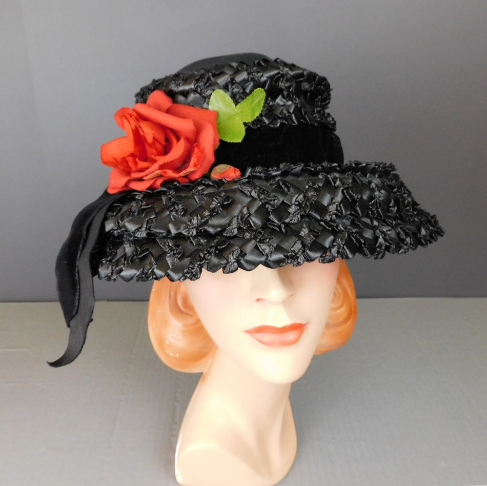 Vintage Black Straw Wide Brim Hat with Large Red Rose and 