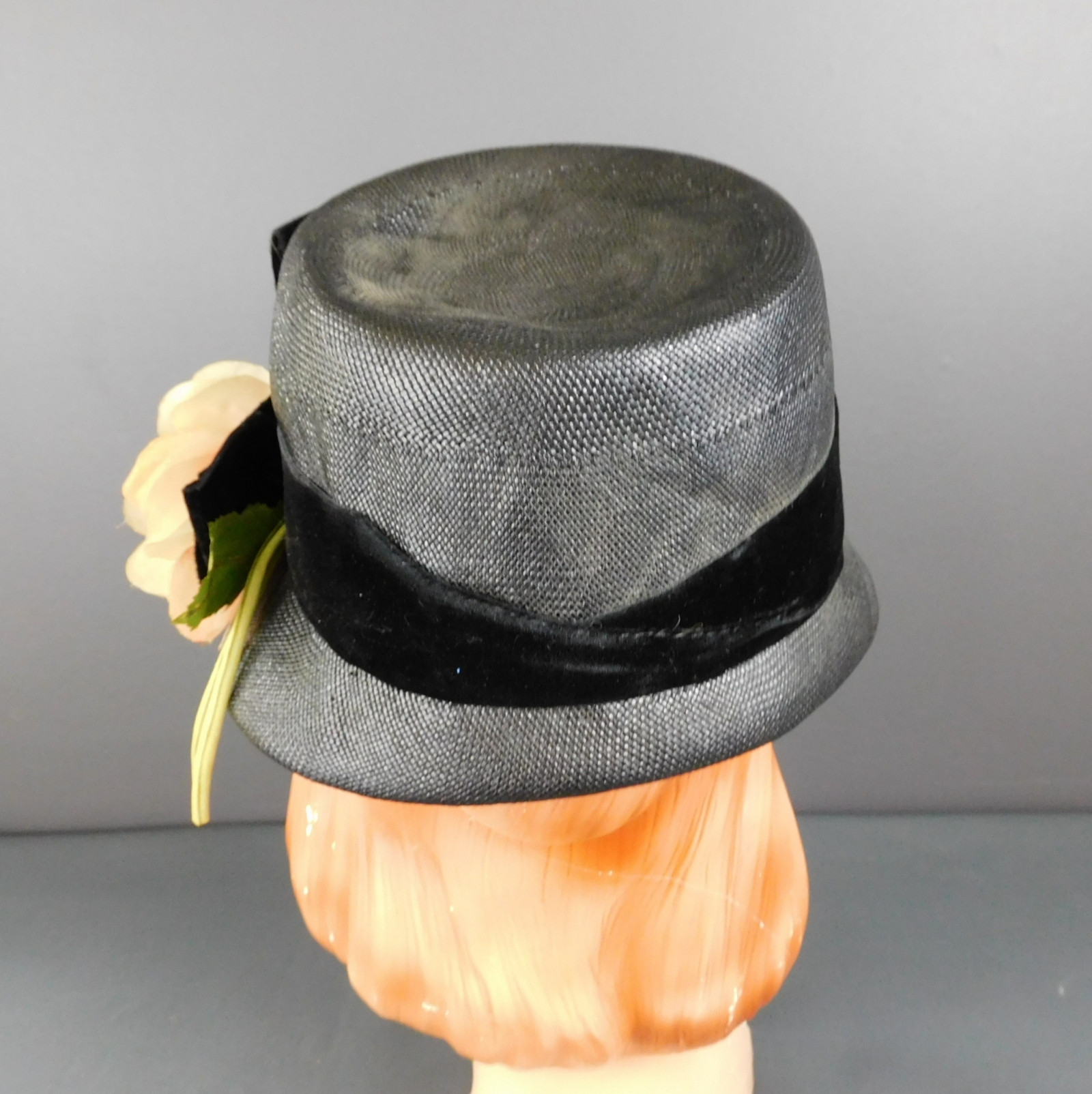 Vintage 1960s Black Straw Bucket Hat  with Large White Flower & Velvet  Ribbon A beautiful 1950 main image 2