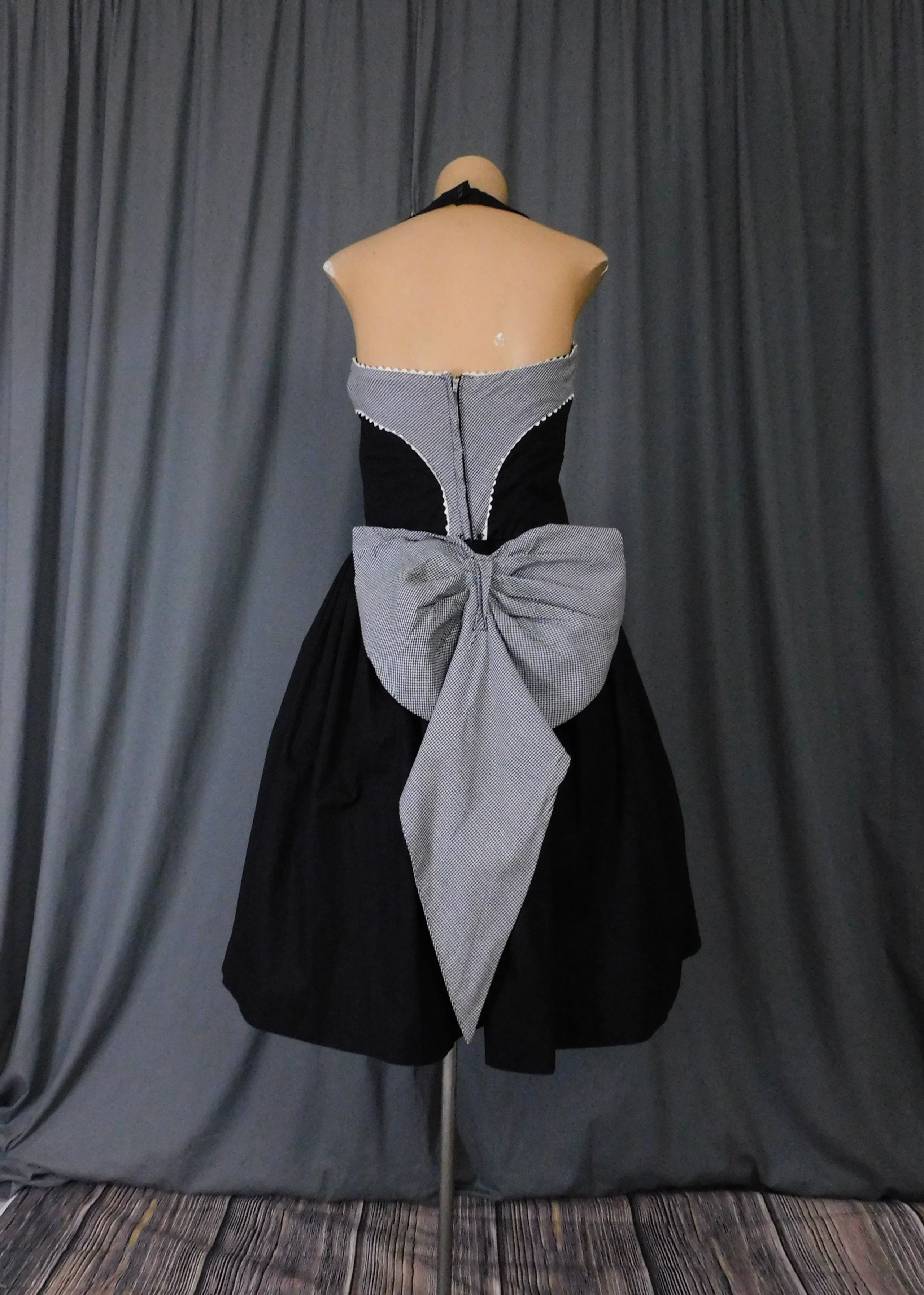 1950s Vintage Halter Dress with Full Skirt, Black Cotton with Gingham Bow,  34 bust