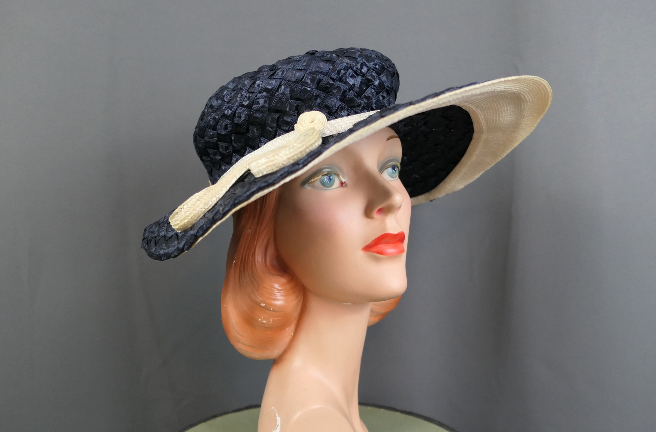 Vintage Navy & White Wide Brim Hat by Mr. John Jr. 1960s XS