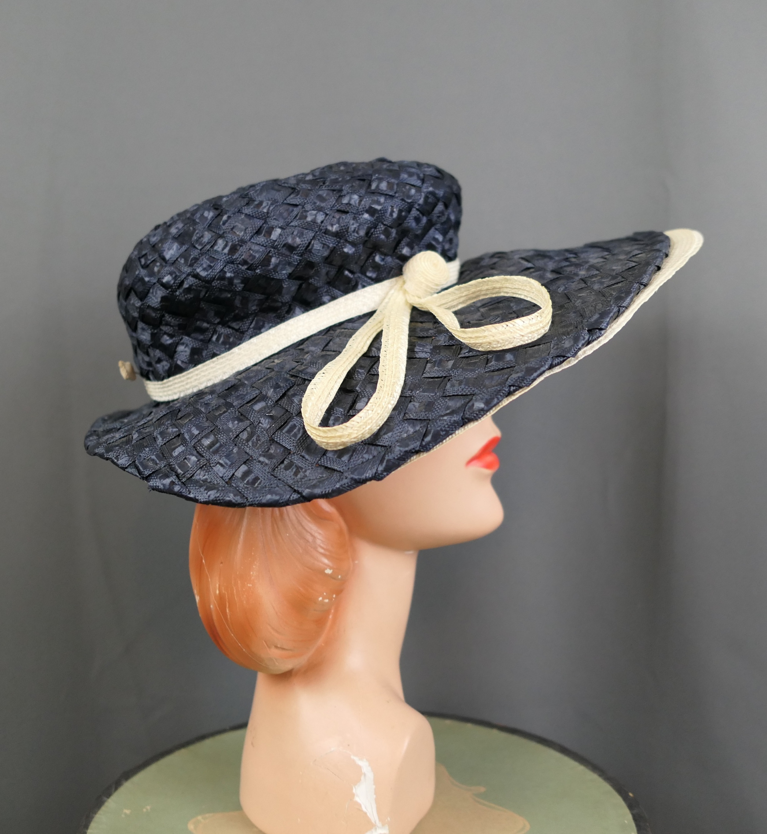 Vintage Navy & White Wide Brim Hat by Mr. John Jr. 1960s XS