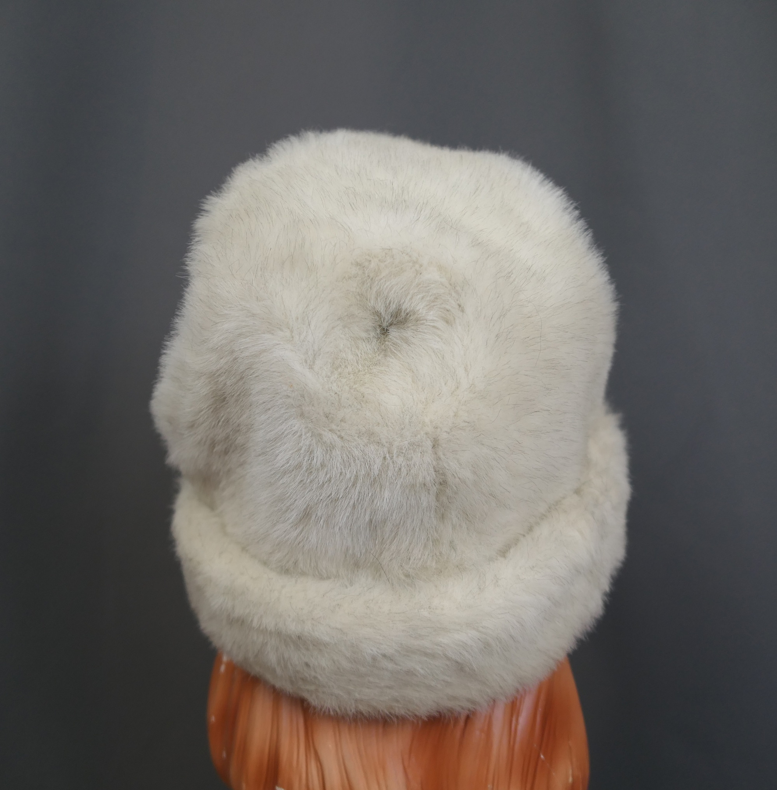 Vintage Ivory & Black Fake Fur Hat 1960s 1970s, fits 21 inch