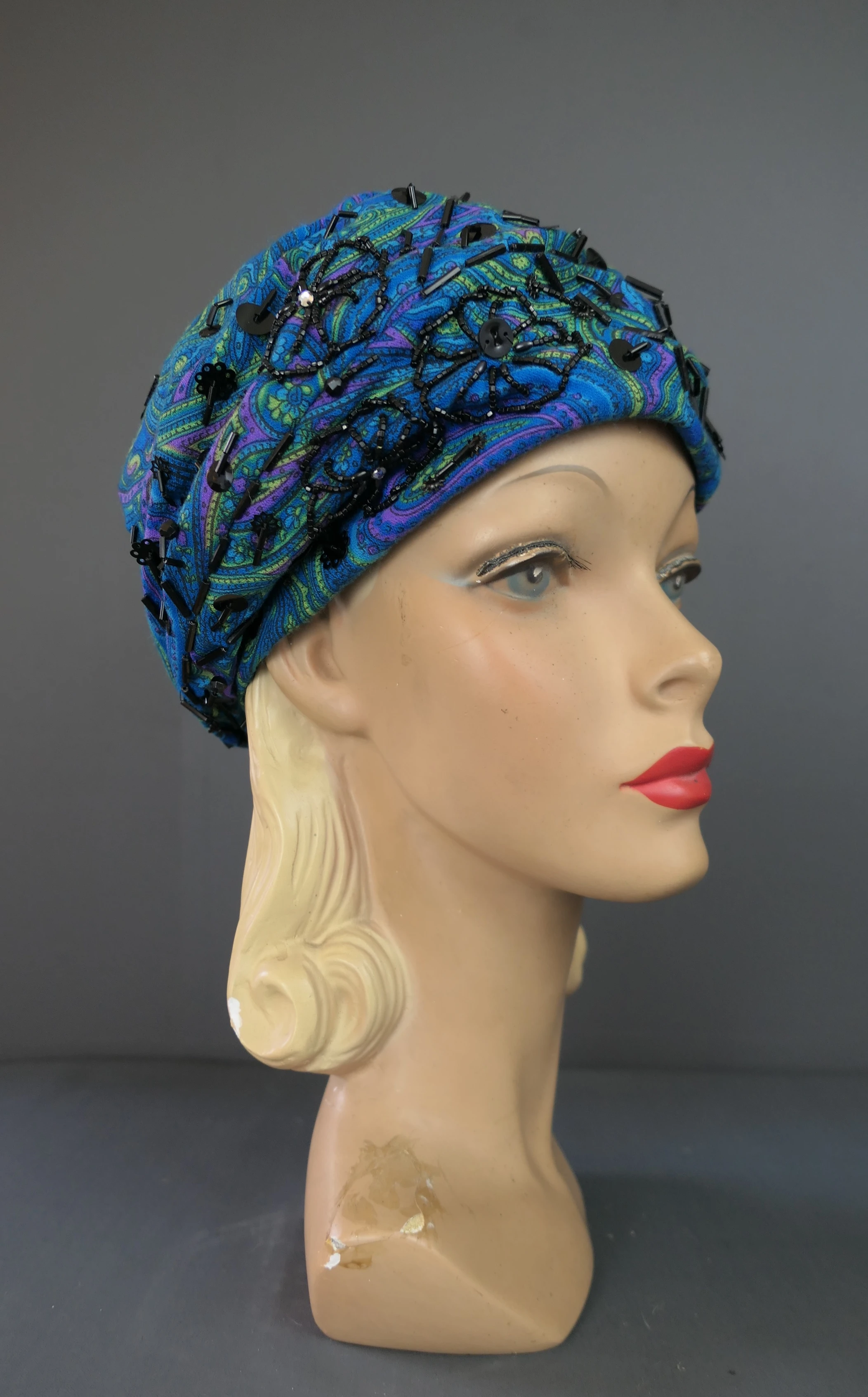 Vintage Turquoise Paisley Turban Hat Sequins & Beads, 1960s  display picture 2