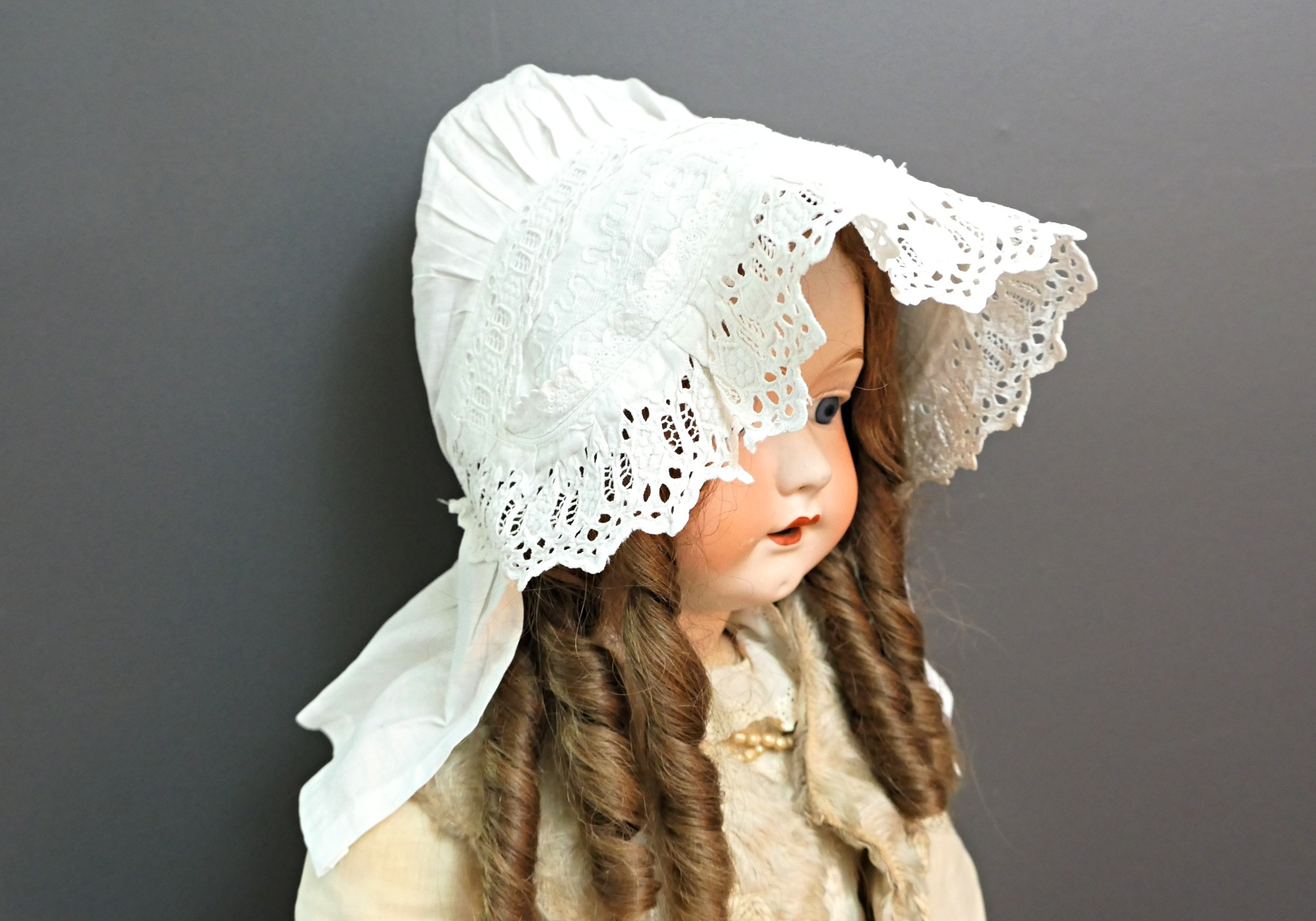 Antique White Lace Baby Bonnet, Victorian 1800s, Embroidered