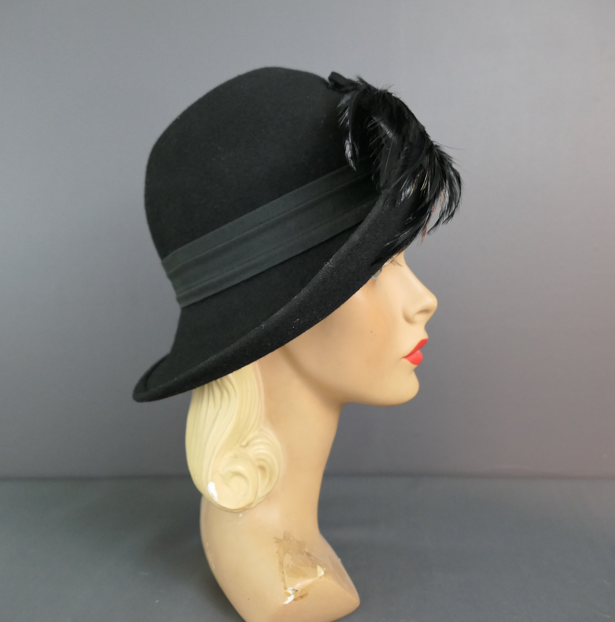 Vintage Black Felt Hat with Wide Brim and Feathers, 1970s  display picture 1