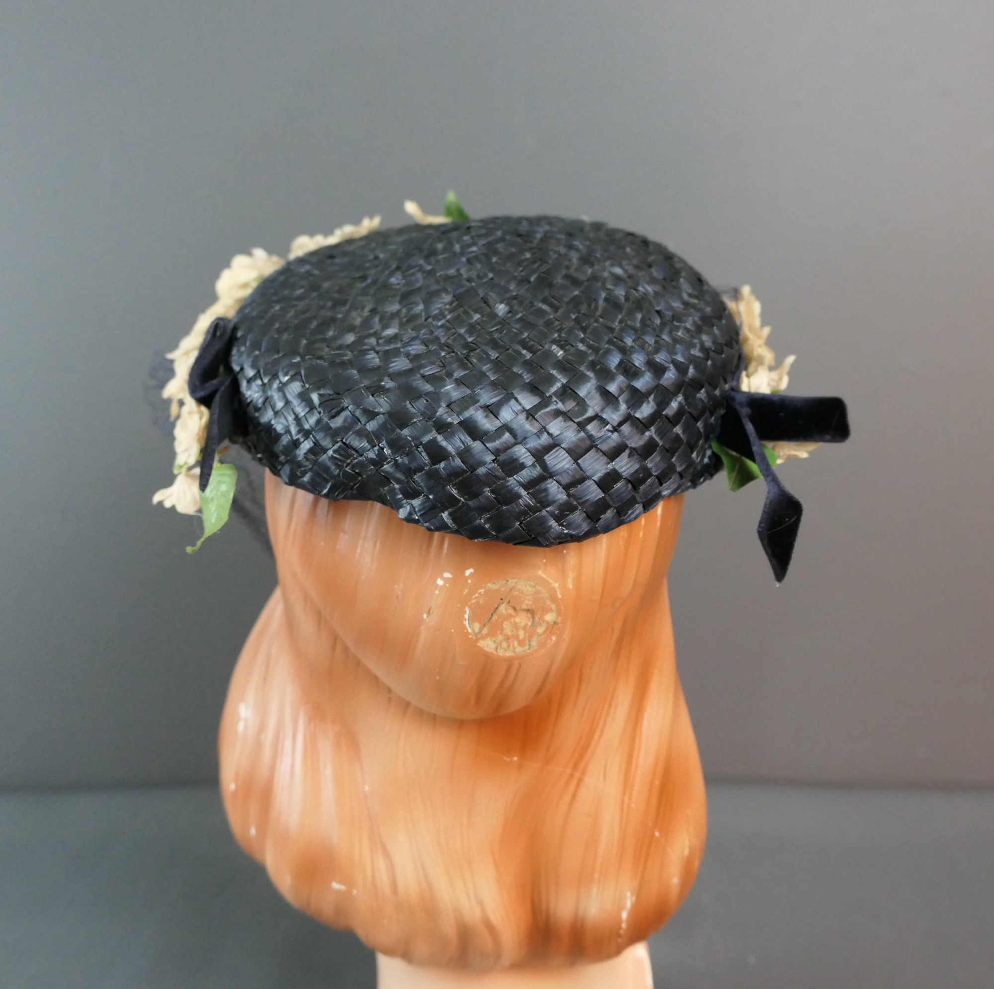 Vintage 1940s Navy Straw Hat with Small Flowers and Veil, 22 