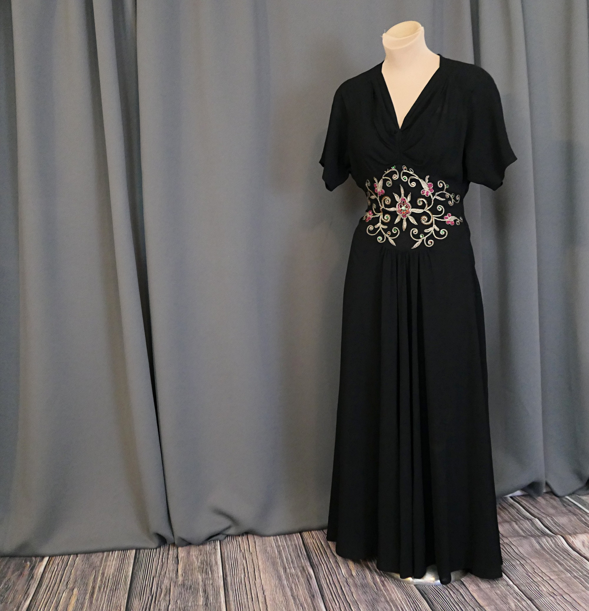 Vintage 1940s Black Beaded Evening Gown, Gold Cord & Pink Beads