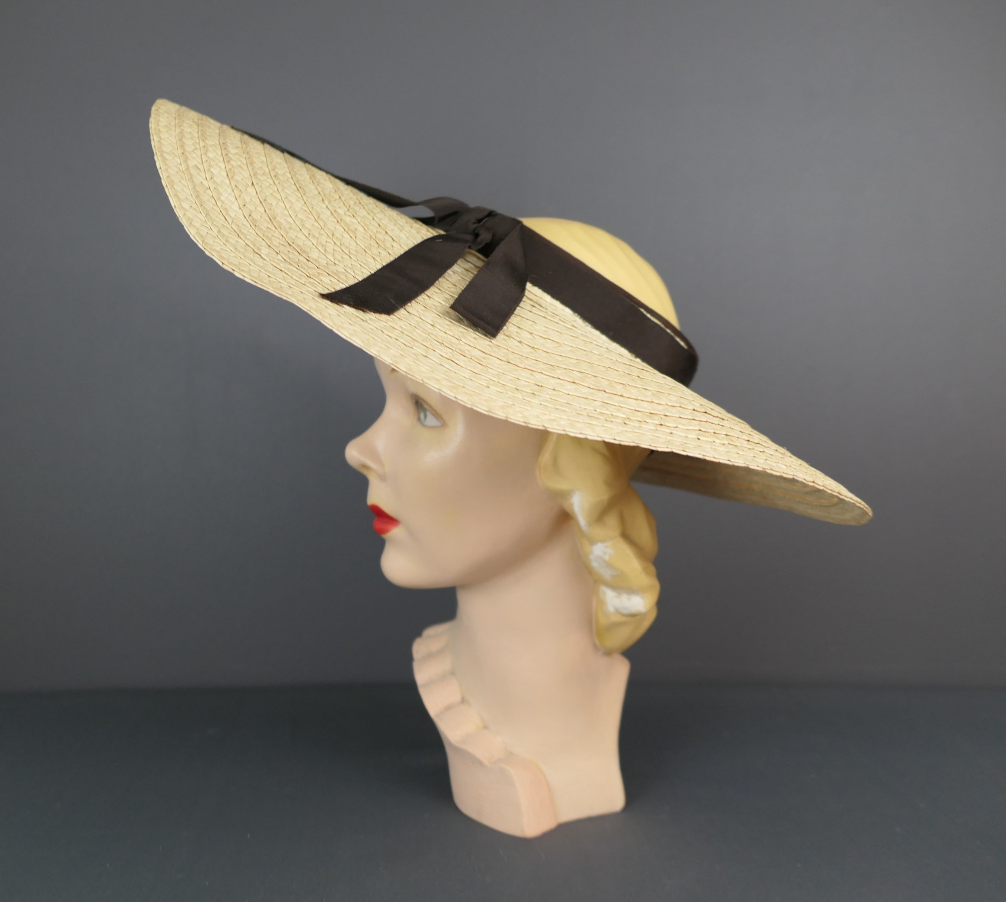 60s STRAW CELLULOSE CREAM MCM RETRO HIGH DOME HAT CURLED BRIM & WIDE RIBBON 40s Tall Crown Tilt Hat by Kurt Richard - Cream Cello Straw  main image 4